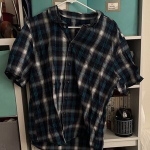 Men's Short-Sleeve Plaid Button-Up Shirt - Blue/Black/White